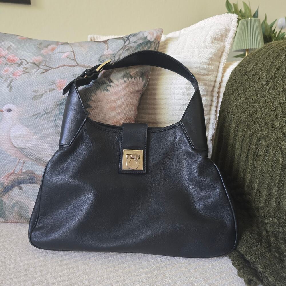 Salvatore Ferragamo Vintage Black Leather Gancini Flap Hobo Shoulder Bag